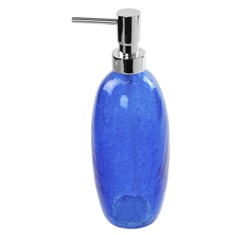 Soap Dispenser, Round Blue Crackled Glass